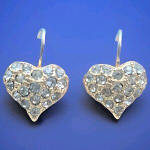 Gold Tone Pave Rhinestone Heart French Wire Dangle Earrings Lightweight Classic